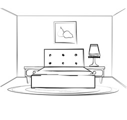 Linear sketch of an interior. Room plan. Sketch Line bedrooms. Vector illustration