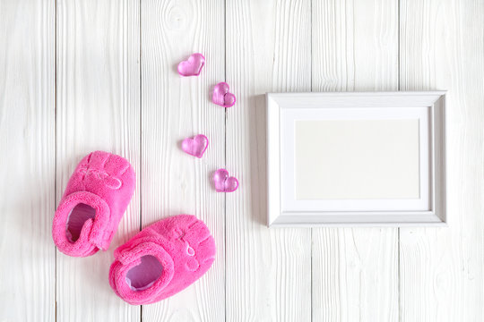 Baby Shower - Blank Picture Frame On Wooden Background