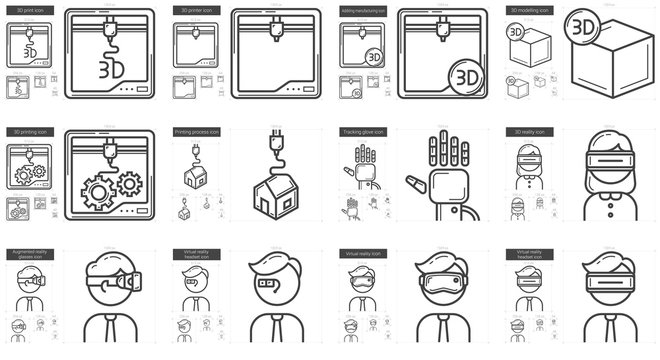 Virtual reality and 3D technology line icon set.