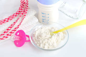 preparation of mixture baby feeding on white background