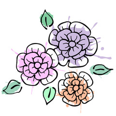 Vector floral illustration.Branch with flowers with leaves isolated on the white background. Hand drawn contour lines and strokes with watercolor splash, stain, spot. Graphic vector illustration