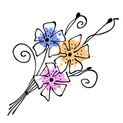 Vector floral illustration.Branch with flowers with leaves isolated on the white background. Hand drawn contour lines and strokes with watercolor splash, stain, spot. Graphic vector illustration