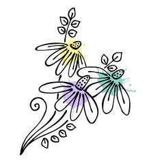 Vector floral illustration.Branch with flowers with leaves isolated on the white background. Hand drawn contour lines and strokes with watercolor splash, stain, spot. Graphic vector illustration