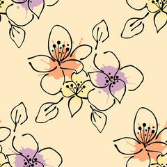 Fototapeta premium Seamless vector hand drawn seamless floral pattern. Yellow Background with flowers, leaves. Decorative graphic vector drawn illustration. Line drawing