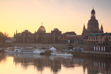 Skyline of Dresden with Elbe river and passenger ships in the morning 