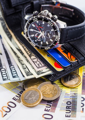 Fototapeta premium leather wallet with credit and discount cards, with money