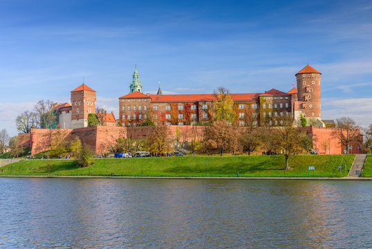 The view of Wawel castle located on bank of Vistula river in Krakow city, Poland.