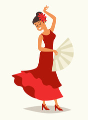 Flamenco dance vector illustration. Women in traditional red dress. Lady with flamenco fan. Spanish dance, drawing card. Isolated on white background, cartoon style