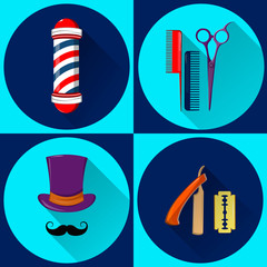Barber's equipment and symbols. Barbershop. Set of vector flat icons.