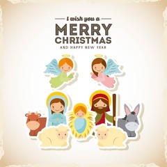 holy family manger scene. merry christmas and happy new year card colorful design. vector illustration