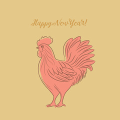 Rooster New Year greeting card/Red rooster on the golden background. Happy New Year card
