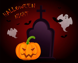 Halloween Night poster. Vector illustration. Pumpkin, headstone, ghosts, bats