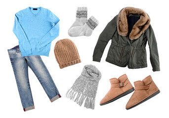 Set of stylish winter clothes on white background. Style and fashion concept.