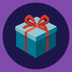 Gift box with ribbon and bow on violet background. Modern flat vector illustration