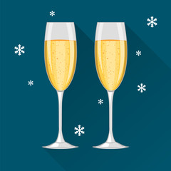 Two champagne glasses on dark blue background and with snowflakes. Concept vector illustration. Happy New Year and Merry Christmas celebration.