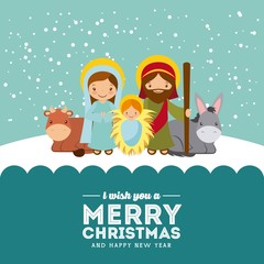 holy family manger scene. merry christmas and happy new year card colorful design. vector illustration