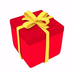 Red Christmas or birthday gift with yellow ribbon and bow. Isolated 3d illustration.