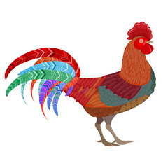 Vivid rooster on a white background. The rooster sign in the Chinese horoscope, symbol of the New Year. Vector illustration.