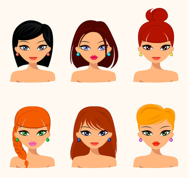 Young pretty women, pretty faces with different hairstyles, hair color. flat design, beauty and fashion. Vector editable