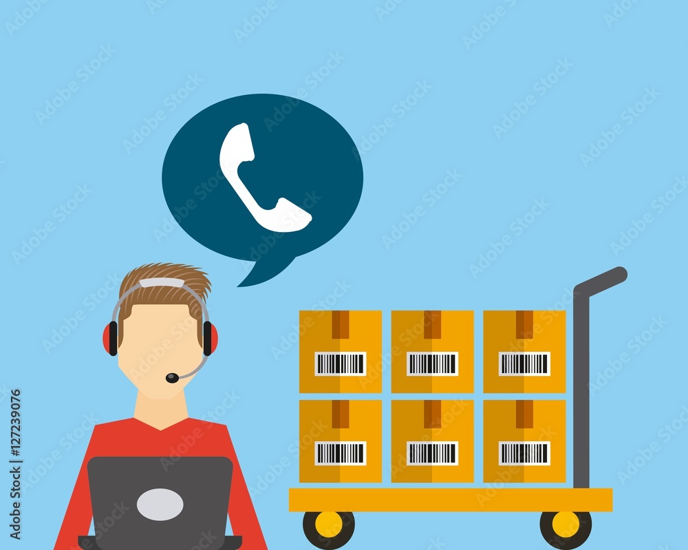 Poster logistics support worker with speech bubble icon and handcart with boxes. export and import colorful