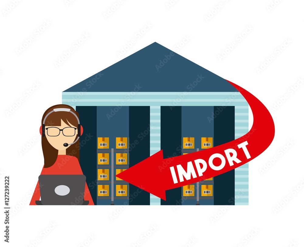 Poster logistics support worker and warehouse with red arrow with import word. export and import colorful d