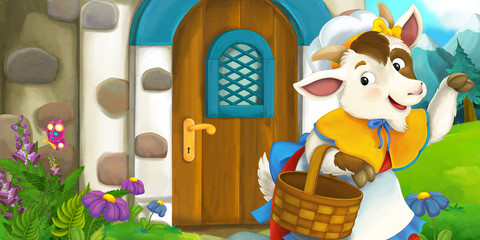 Obraz na płótnie Canvas Cartoon scene of mother goat in front of village house - illustration for children