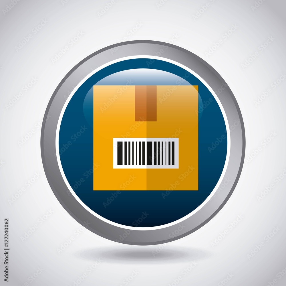 Poster blue button with carton box icon inside over white background. export and import colorful design. ve