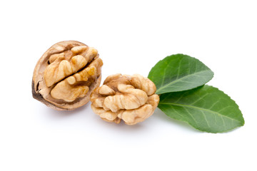 Walnut and walnut kernel isolated on the white background.