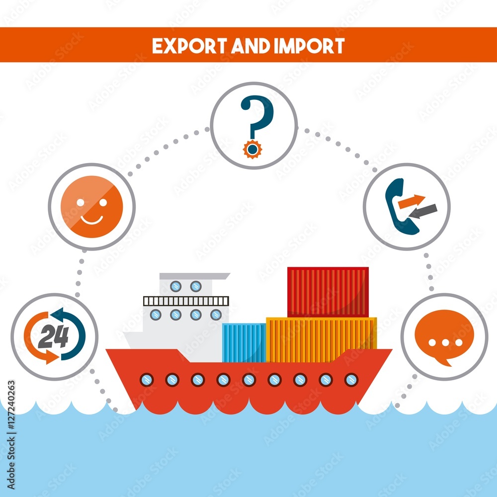 Poster cargo ship with logistic service icons around. export and import colorful design. vector illustratio