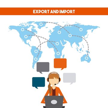 world map with logistics support worker. export and import colorful design. vector illustration