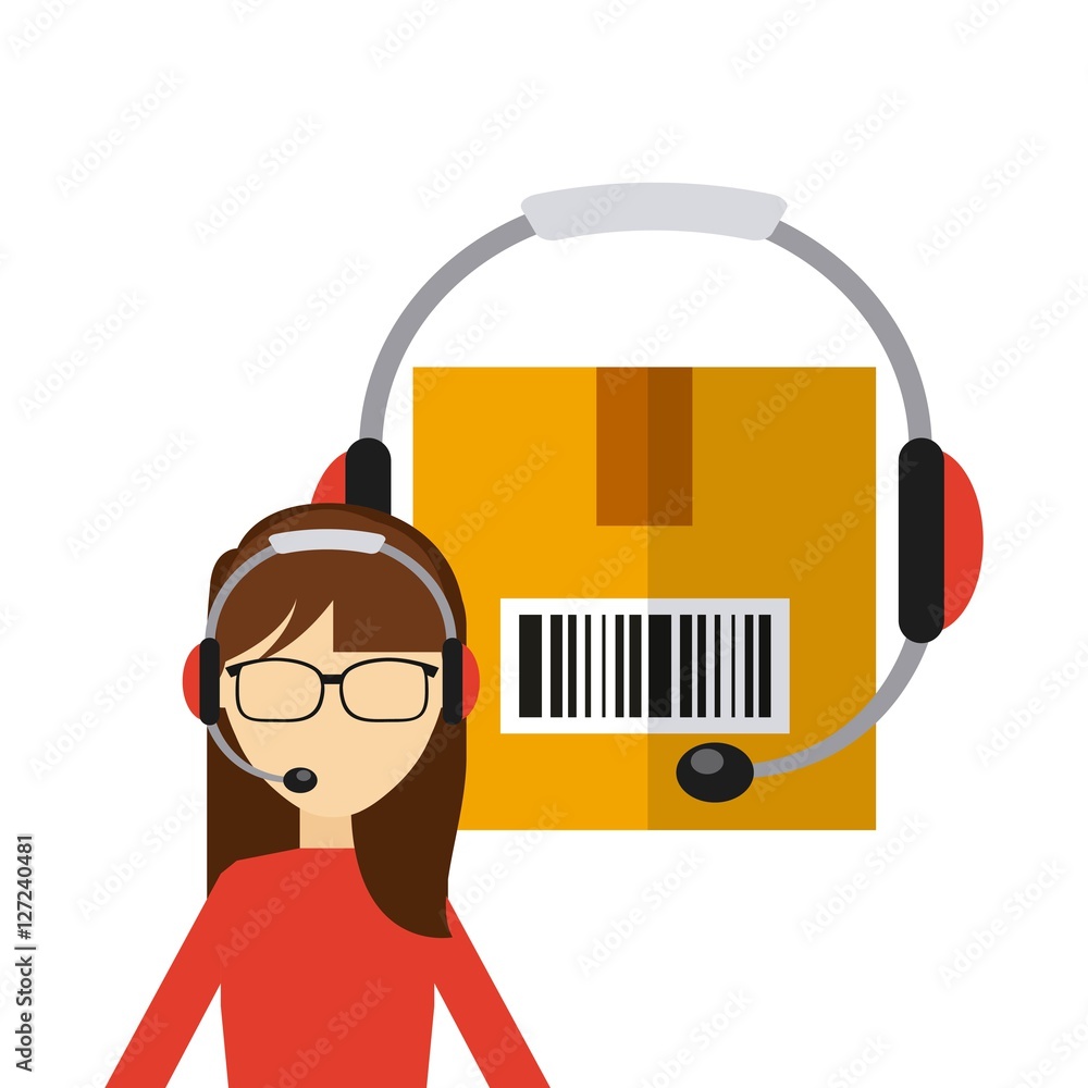 Poster logistics support worker and carton box with headset icon. export and import colorful design. vector