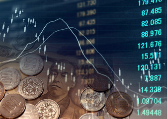 金融イメージ　チャートと通貨