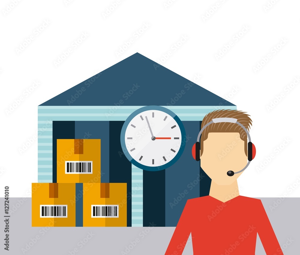 Poster warehouse with carton boxes and logistics support worker. export and import colorful design. vector 