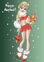Pin-up Christmas girl with cock, Happy New Year 2017. Vector