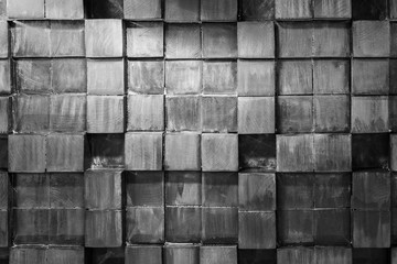 Geometric pattern of wooden elements. Decorating the walls of wooden bars. Black and White background
