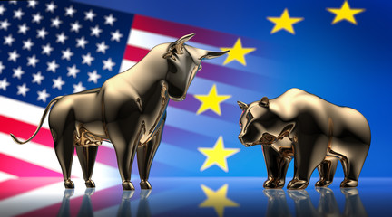 Bulle und Bär vor Euro- und USA-Flagge 1 - obrazy, fototapety, plakaty