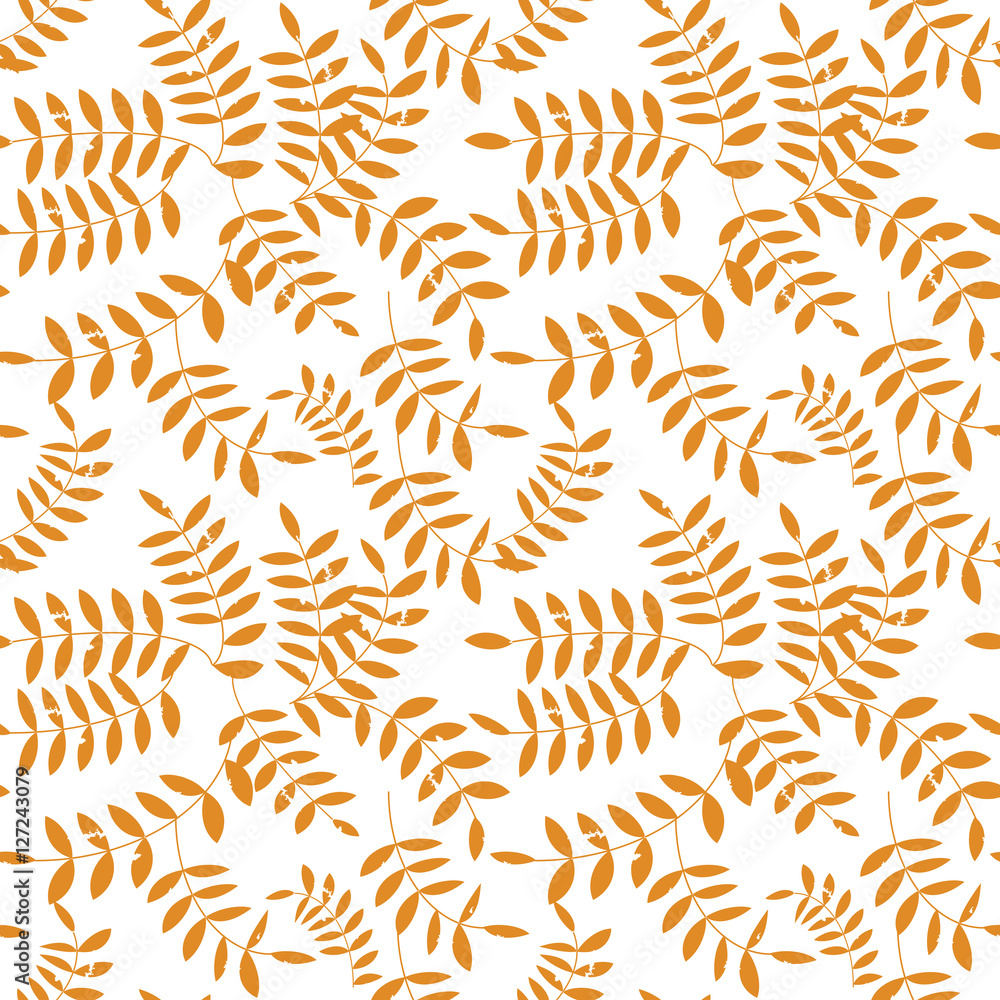 Poster seamless floral pattern with distressed look twigs or autumn leaves in mustard yellow on white backg