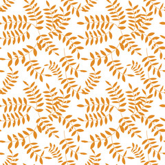 Seamless floral pattern with distressed look twigs or autumn leaves in mustard yellow on white background. Scandinavian style design. EPS 8 stock vector.