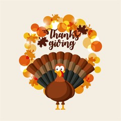 happy thanksgiving card with cartoon turkey and decorative icons. colorful design. vector illustration