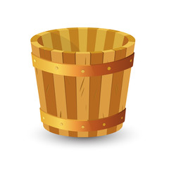 Wooden bucket with defect on white background.