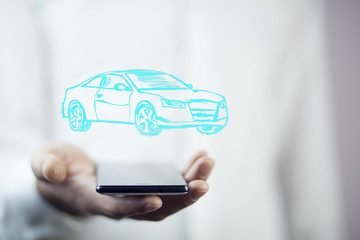 man hand phone with car