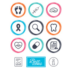 Medicine, medical health and diagnosis icons. Syringe injection, heartbeat and pills signs. Tooth, neurology symbols. Report document, information icons. Vector