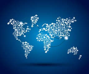 world map icon with social media icons over white background. vector illustration