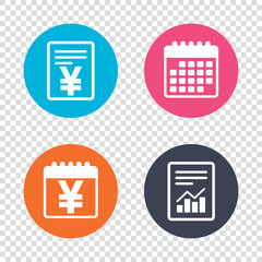 Report document, calendar icons. Yen sign icon. JPY currency symbol. Money label. Transparent background. Vector