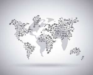 gray world map icon with social media icons over white background. vector illustration