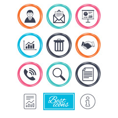 Office, documents and business icons. Businessman, handshake and call signs. Chart, presentation and mail symbols. Report document, information icons. Vector