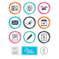 Office, documents and business icons. Accounting, strike and calendar signs. Mail, ideas and statistics symbols. Report document, information icons. Vector