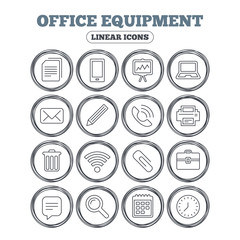 Office equipment icons. Computer, printer and smartphone. Wi-fi, chat speech bubble and copy documents. Presentation board, paperclip with pencil and magnifying glass. Vector