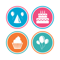 Birthday party icons. Cake, balloon, hat and muffin signs. Celebration symbol. Cupcake sweet food. Colored circle buttons. Vector