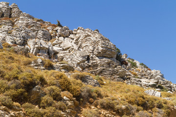 Layered rock formation folds on the Mediterranean island Crete, Greece